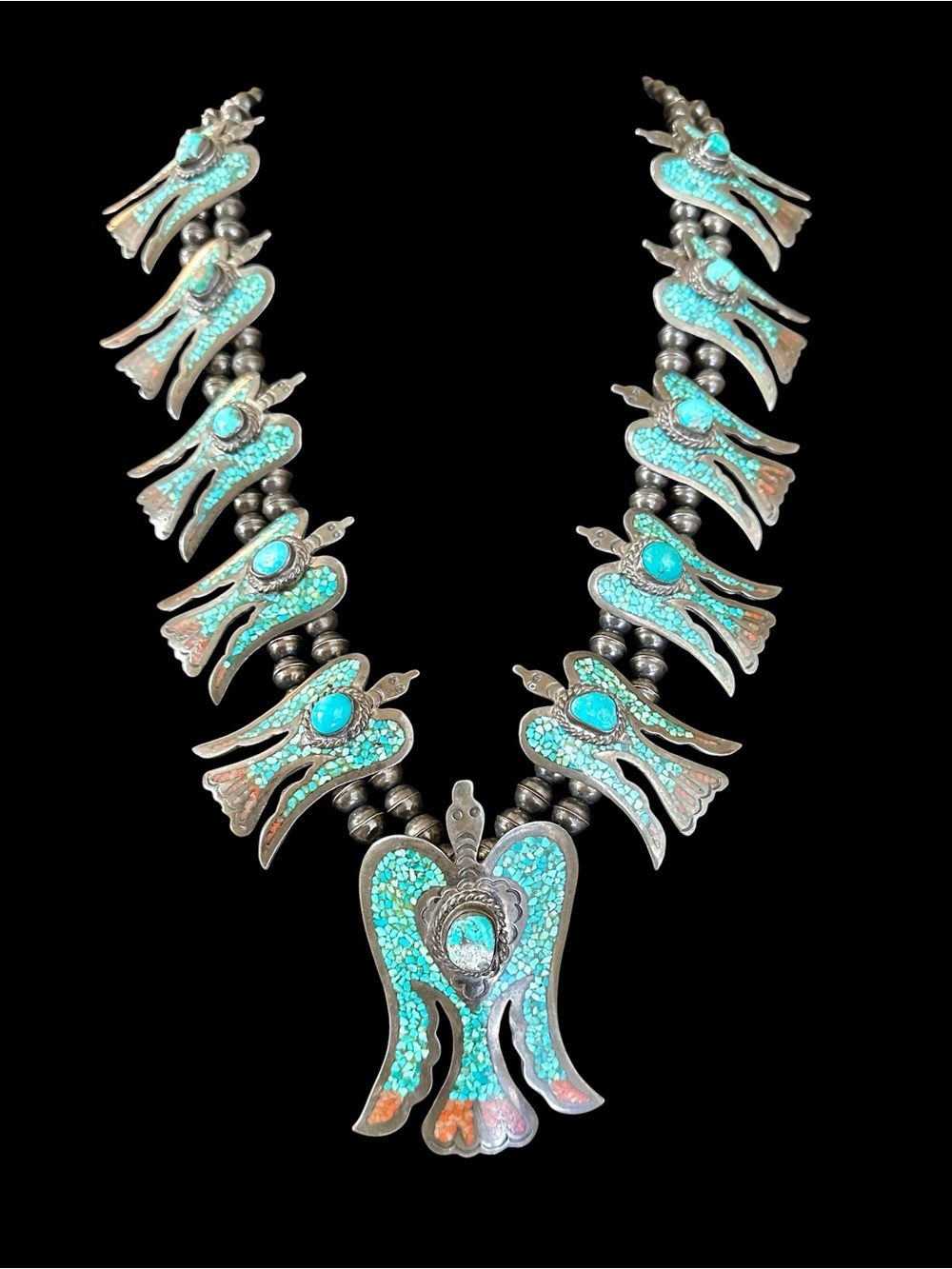 Vintage J Nelson Navajo Peyote Bird Turquoise Inlay Necklace 7.23oz